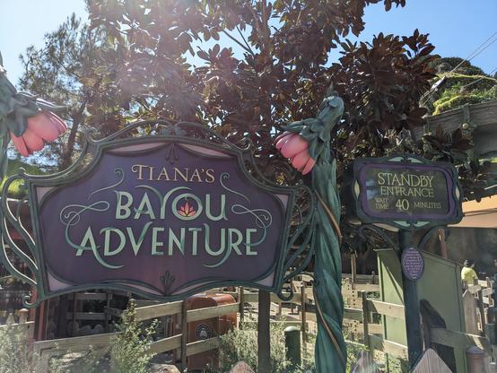 Sign for the Tiana's Bayou Adventure ride with a 40 minute standby notice.