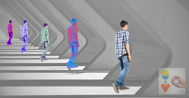 Branded art for my free weekly newsletter. A series of identically dressed people appear to be walking through a series of grey, concrete tunnels.