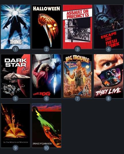1. The Thing (1982)
2. Halloween (1978)
3. Assault on Precinct 13 (1976)
4. Escape From New York (1981)
5. Dark Star (1974)
6. The Fog (1980)
7. Big Trouble in Little China (1986)
8. They Live (1988)
9. In the Mouth of Madness (1990)
10. Prince of Darkness (1987)