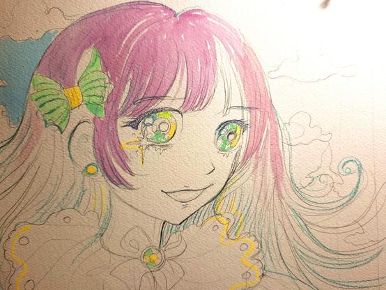 Happy girl named Sunny smiling
Watercolor  anime-inspired illustration in bright pastel colors