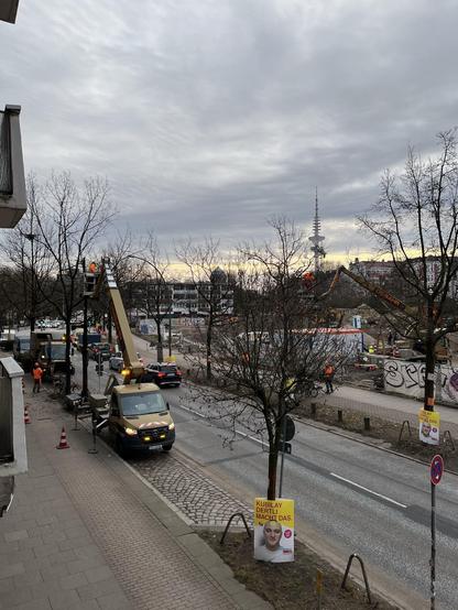 Fällarbeiten in der Max-Brauer-Allee durch Auto mit Teleskop Bühne