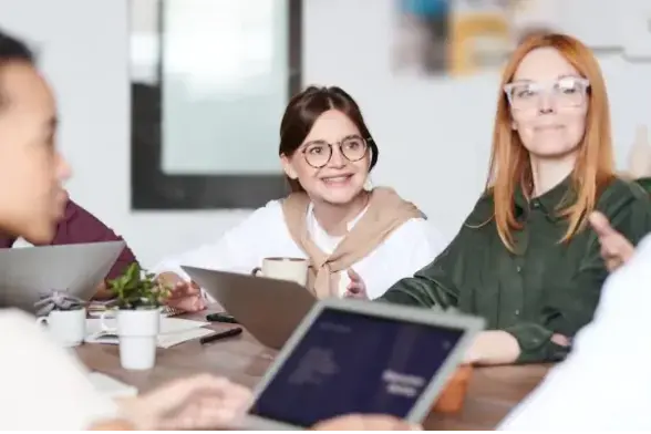 young people listening to a story, office setting