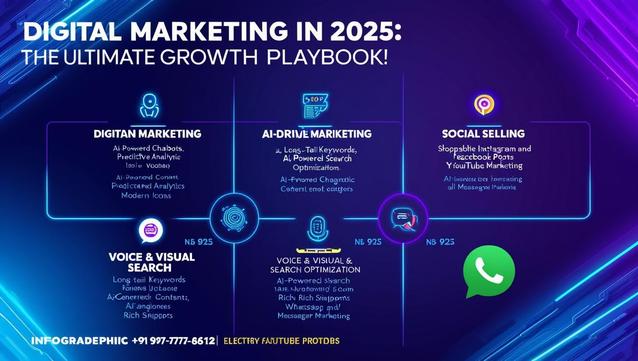 "Digital Marketing in 2025: The Ultimate Growth Playbook" – A futuristic infographic highlighting key digital marketing trends for 2025. The categories include Digital Marketing, AI-Driven Marketing, Social Selling, Voice & Visual Search, and Voice & Visual Search Optimization. It mentions AI-powered chatbots, predictive analytics, AI-based SEO, long-tail keywords, shoppable Instagram & Facebook posts, and AI-driven WhatsApp & Messenger marketing. The design has a neon-blue theme with a WhatsApp logo and a contact number at the bottom.







