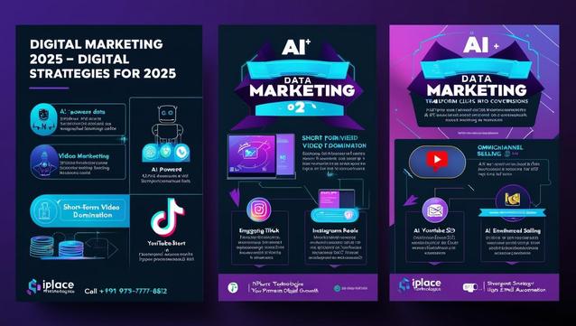 "Digital Marketing 2025 – Digital Strategies for 2025" – A futuristic infographic showcasing key AI-powered marketing strategies. The first section highlights AI-Powered Data, Video Marketing, and Short-Form Video Domination with platforms like YouTube Shorts and TikTok. The second section emphasizes AI + Data Marketing, focusing on Short-Form Video Domination through Instagram Reels and TikTok engagement. The third section explains Omnichannel Selling, integrating AI-powered YouTube SEO, email marketing, and automated selling processes. The infographic has a modern, neon-themed design with the iPlace Technologies logo and contact details.