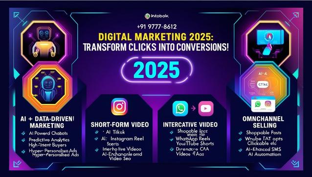 A futuristic Digital Marketing 2025 infographic with a neon-themed design, highlighting strategies to transform clicks into conversions. The infographic is divided into four key sections:

AI + Data-Driven Marketing – Features AI-powered chatbots, predictive analytics, hyper-personalized ads, and high-intent buyer targeting.
Short-Form Video – Focuses on AI-driven TikTok and Instagram Reels, interactive videos, and AI-enhanced video SEO.
Interactive Video – Covers shoppable links, WhatsApp Reels, YouTube Shorts, and direct Call-to-Action (CTA) videos/ads.
Omnichannel Selling – Includes shoppable posts, AI-automated SMS, clickable elements, and AI-enhanced automation for marketing.
At the center, "2025" is highlighted in glowing neon, reinforcing the future-driven theme. The Infoblox branding and contact number (+91 9777-8612) are displayed at the top.
