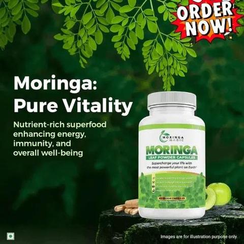 Image of Moringa leaf powder capsules bottle against a green leafy background. Text highlights benefits like energy, immunity, and well-being. "Order Now!" is displayed in the top-right corner.
