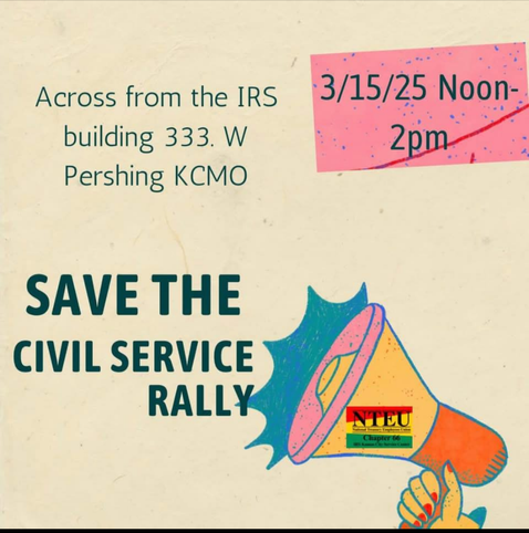 A sign advertising a rally across the street from the IRS Campus at 333 West Pershing in Kansas City, Missouri from 12 P M to 2 P M on March 15, 20 25. The rally is for people who support Federal employees who just want to do their jobs in service to their fellow Americans.

I did not resign. I have been in my current position since 2011, so I am well out of my probationary period. If I can stay employed till March 26, 2025 I will have done 20 years of public service. I took an oath to uphold the constitution and I still believe in that oath. There are quality checks on my work monthly and I undergo several performance reviews a year. Most of the new hires were meant to fill positions which had been left empty for years due to hiring freezes. I am not an official spokesperson for anything.