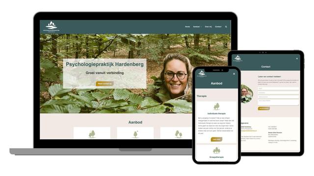 Mockup of the desktop, tablet and mobile views of psychologiepraktijkhardenberg.nl. A minimal design with calming green and sand colours.