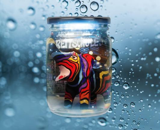 Ups! Wie kommt der bunte Reitschule-Elefant ins Konfitürenglas? Hintergrund ist ein verregnetes Fenster..