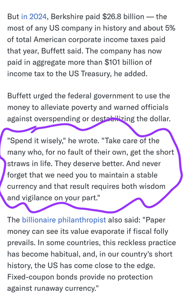 The company has now paid in aggregate more than $101 billion of income tax to the US Treasury, he added.

"Spend it wisely," he wrote. "Take care of the many who, for no fault of their own, get the short straws in life. They deserve better. And never forget that we need you to maintain a stable currency and that result requires both wisdom and vigilance on your part."