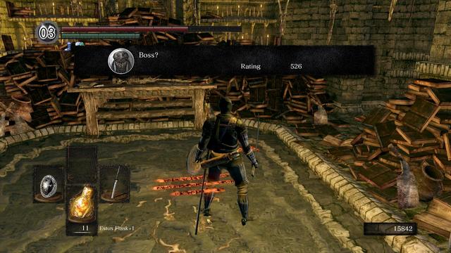 A screenshot of a message at Pinwheel boss in Dark Souls reading:
Boss?