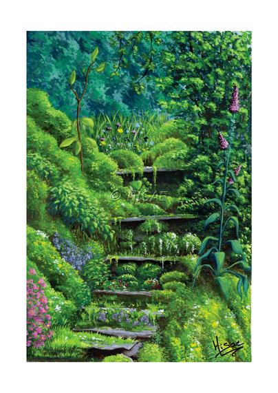 Gouache représentant un escalier en pierre complètement perdu sous l'herbe et la mousse.