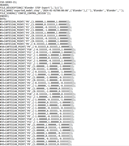 STEP text file of attempt to export subdivision cage into Nurbs surface from Blender