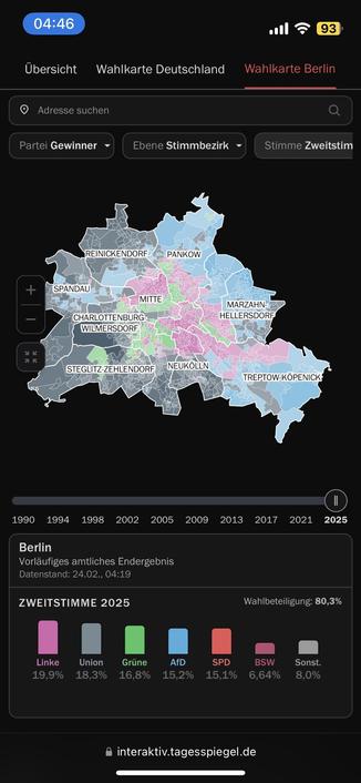Eine Karte von Berlin, die die Gewinner nach Zweitstimmenergebnissen in den Wahlbezirken (nicht Wahlkreisen!), zeigt. Die Abstimmungsprozentsätze für verschiedene Parteien sind zusammen mit den Statistiken über die Gesamtwahlbeteiligung aufgeführt.

https://interaktiv.tagesspiegel.de/lab/bundestagswahl-2025-berlin-karte-historische-ergebnisse-wahlkreisergebnisse-stimmbezirke/