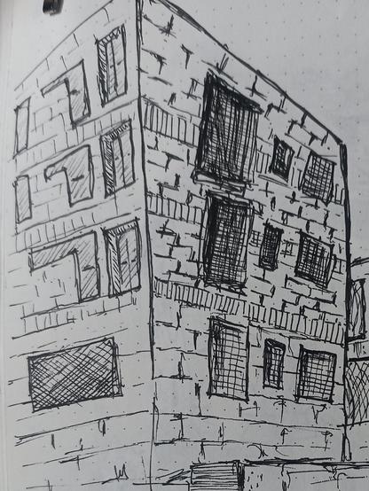 Exploring perspective and texture through ink sketching! 🏢✏️ Capturing the raw details of a brick building with hatching and cross-hatching techniques to add depth and dimension. Every line contributes to the story of urban architecture and structure, set against the perfect blue sky."

#InkSketch #ArchitecturalDrawing #UrbanArt #PerspectiveSketch #HatchingTechnique #CrossHatching #BuildingSketch #ArtisticPerspective #BlueSkyBackdrop #HandDrawnArt #SketchbookJourney