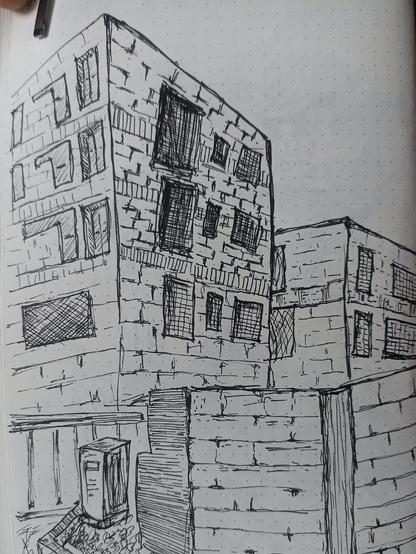 Exploring perspective and texture through ink sketching! 🏢✏️ Capturing the raw details of a brick building with hatching and cross-hatching techniques to add depth and dimension. Every line contributes to the story of urban architecture and structure, set against the perfect blue sky."

#InkSketch #ArchitecturalDrawing #UrbanArt #PerspectiveSketch #HatchingTechnique #CrossHatching #BuildingSketch #ArtisticPerspective #BlueSkyBackdrop #HandDrawnArt #SketchbookJourney