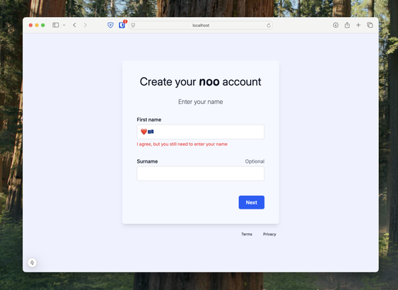 A screenshot of the first step of the signup process in noo.