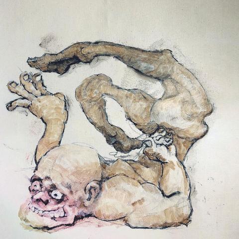 pochette du disque de Loins. Peinture d'un corps nu masculin, grotesque, contorsionné avec un sourire étrange