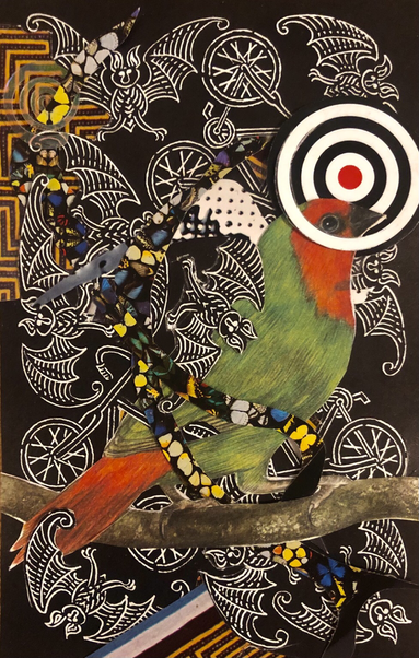 Collage avec un oiseau rouge et vert entremêlé de chauve-souris noir et blanc