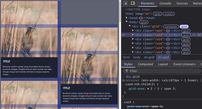 Screenshot showing the result with the grid overlays on top. The DevTools panel is open on the right, showing the CSS for the second item. In case the grid container is at least as wide as the base width for two columns plus the gap between them, then offset this item on the second column by one row down.