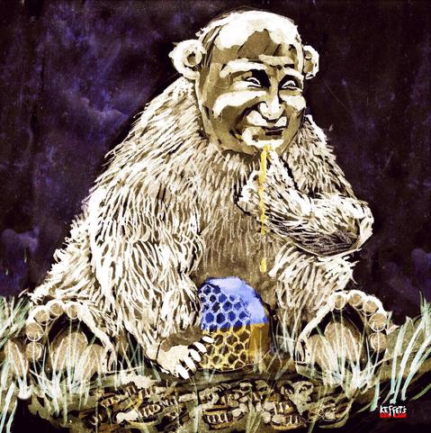 Der russische Bär nascht zufrieden eine in den ukrainischen Farben (blau+gelb) gehaltene Honigwabe. Am Boden liegen tote Bienen.