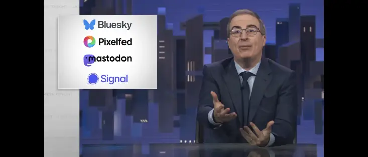 A screenshot of the YouTube video where John Oliver quotes @Mastodon and @signalapp@mastodon.world while reporting on the massive exodus from meta and Instagram.