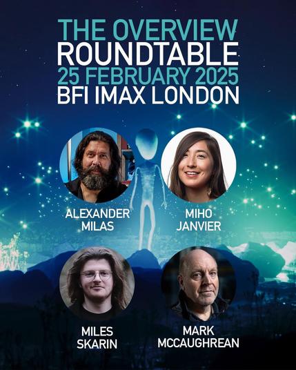 A poster showing head shots of four people against a blue spacey background, advertising a discussion about the science and art behind Steven WIlson's new album, "The Overview", being held tonight at the BFI IMAX.