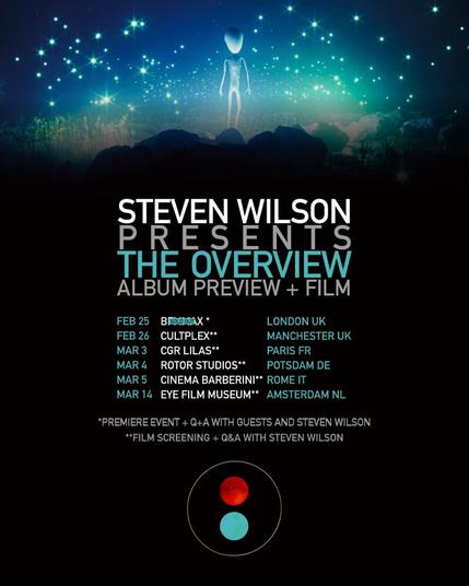 A poster listing dates for the album preview and film showing for Steven Wilson's new album, "The Overview". There are dates in London, Manchester, Paris, Potsdam, Rome, and Amsterdam.