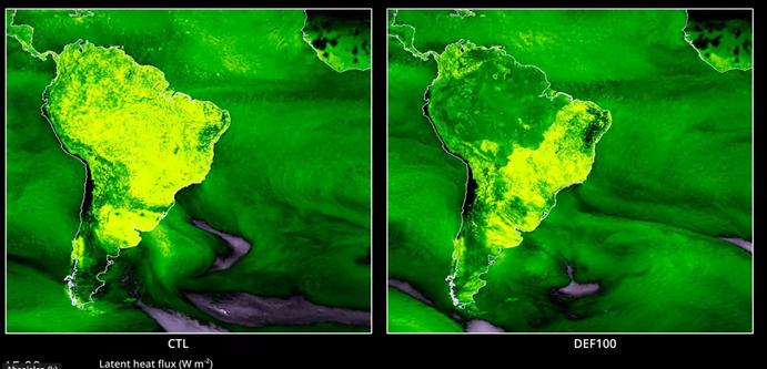 Amazon evapotranspiration: Two global views of South America are presented; the right one shows a simulation with total deforestation of the Amazon, while the left one represents the control scenario. Different shades of light and dark green illustrate the latent heat flux in both scenarios.
Visualization: Felicia Brisc / CEN / University of Hamburg
Simulation: Arim Yoon / MPI-M
