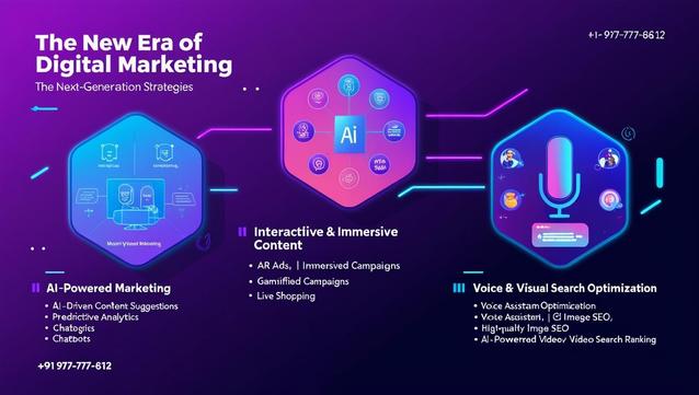 A futuristic digital marketing infographic with a dark purple and neon-themed design. The image highlights "The New Era of Digital Marketing" and presents three next-generation strategies: AI-Powered Marketing, Interactive & Immersive Content, and Voice & Visual Search Optimization. The left section covers AI-driven content suggestions, predictive analytics, and chatbots. The middle section focuses on AR ads, immersive campaigns, and gamified marketing. The right section features voice assistant optimization, AI-powered video search ranking, and high-quality image SEO. A futuristic microphone and AI-driven icons visually represent these innovations. Contact number +91 977-777-8612 is displayed at the bottom.