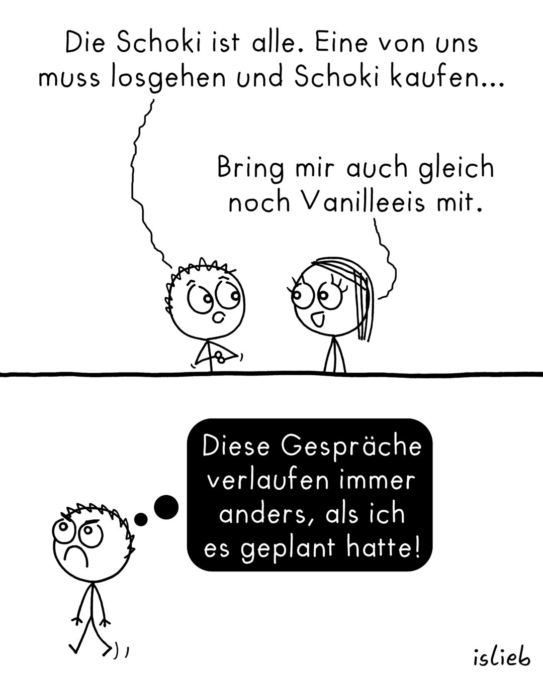 Comic. Er sagt zu ihr: "Die Schoki ist alle. Eine von uns muss losgehen und Schoki kaufen..." Sie antwortet: "Bring mir auch gleich noch Vanilleeis mit." Er macht sich stinksauer auf den Weg und denkt: "Diese Gespräche verlaufen immer anders, als ich es geplant hatte!"
