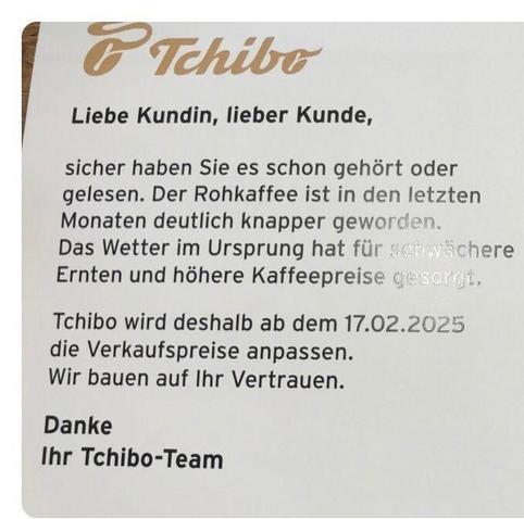 Erklärung von Tchibo für die Ankündigung der Preiserhöhung für Kaffee?