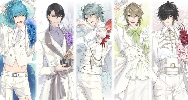 Illustration of Aoba, Youji, Akira, Konoe, and Towa in festive white suits.