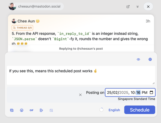 Phanpy composer with post scheduling UI, replying to a post discussing API response issues.