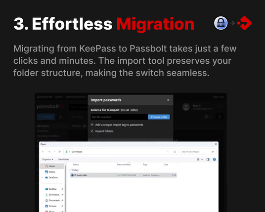 Effortless Migration: Migration from Keepass to Passbolt, highlighting the easy import process with folder structure preservation.  Screenshot of import interface and file selection.