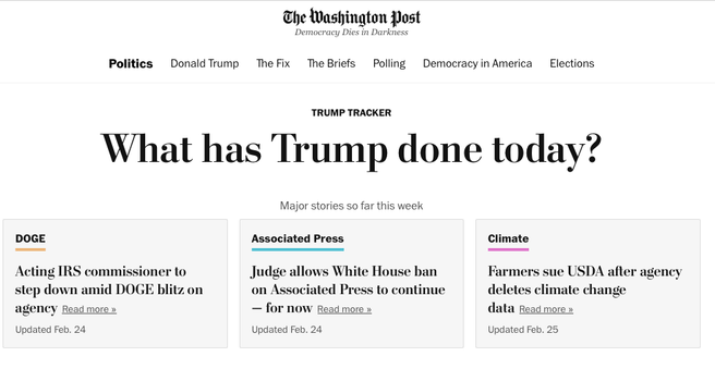 Capture d'écran du site du Washington Post présentant le "Trump tracker" : What has Trump done today ?