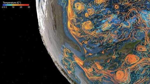 a data visualization of planet earth showing the AMOC in the ocean as orange and blue whirls. credit: CEN Climate Visualization Laboratory