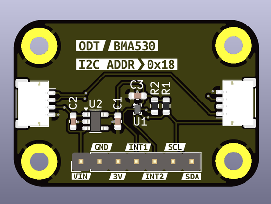 Rendering of a small printed circuit board (PCB) holding a Bosch Sensortec BMA530 AI accelerometer. The board has two Stemma QT connectors for I2C connectivity.