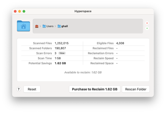 A screenshot of a file cleanup application called "Hyperspace". The interface shows scan results for user "ghall" with statistics including: 1,252,015 scanned files, 190,807 scanned folders, 3 scan errors, scan time of 1:58, and potential savings of 1.62 GB. On the right side, it shows 4,008 eligible files with no reclaimed files yet. The bottom of the window displays options to "Reset", "Purchase to Reclaim 1.62 GB", or "Rescan Folder".