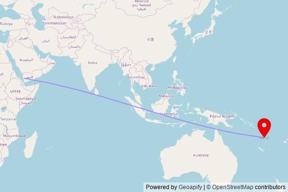 A map showing the great circle route from Ad Dabarah in Yemen to a map pin at Christian Mission Centre Church, Sanma, Vanuatu