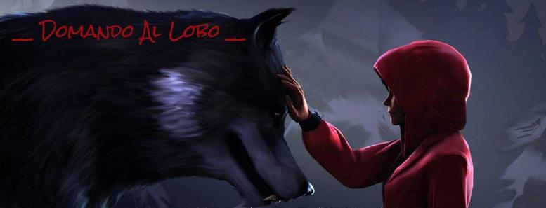 Ilustración. Escena oscura. Mujer joven con sudadera roja con capucha pone la mano derecha en la frente de un lobo que le supera en tamaño. Leve luz desde la espalda. Fondo gris que podrían ser rocas o un bosque. 