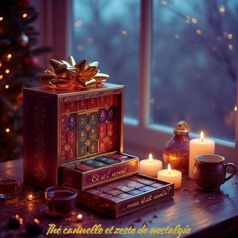 Un calendrier de l'avent en bois luxueux, "Et si l'avent vous était conté" JCM & JN ~ 2024 " posé sur un bureau éclairé par des bougies. Une tasse de thé sur le côté, la tempête gronde dehors.