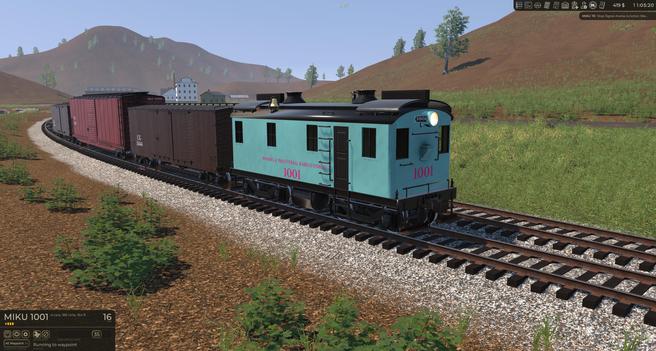 Screenshot from the game "Railroader" showing an ALCO / GE / Ingersoll-Rand 60-ton boxcab diesel locomotive doing shunting work