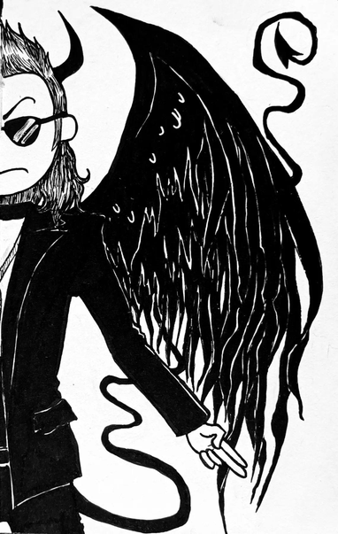 Ilustración que completa a la anterior. Fondo blanco, personaje vestido de negro con un ala negra, el demonio, Gabriel, de la serie Good Omens.