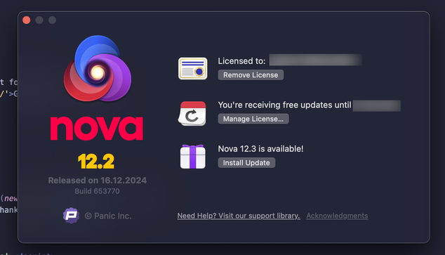 Screenshot of the “About”-screen of the macOS app “Nova”