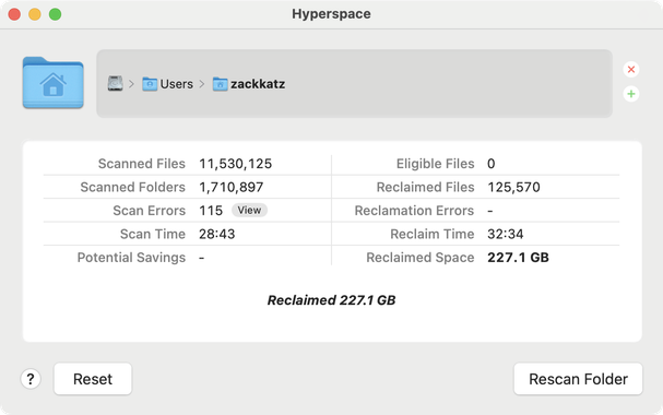 Screenshot of using Hyperdrive, a space-saving Mac software. This shows that I reclaimed 227.1 GB of space.