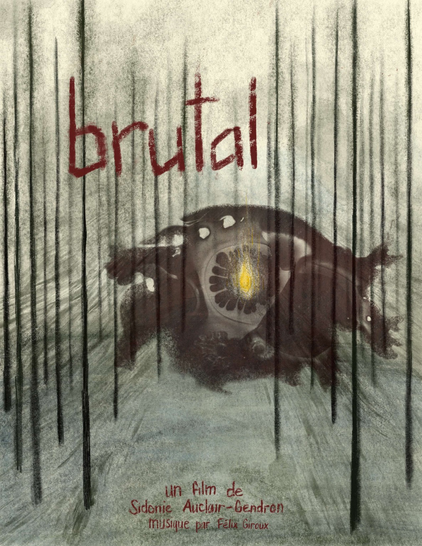 film poster for brutal. there’s a foggy forest, with long trees without leaves. an abstract burgundy shape resembling an eye, in the middle of the iris a yellow flame glowing
