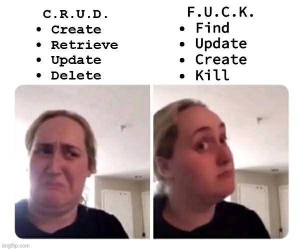 Blonde woman two panel Meme about Database acronym CRUD - Create, Retrieve, Update, Delete vs FUCK - Find, Update, Create, Kill