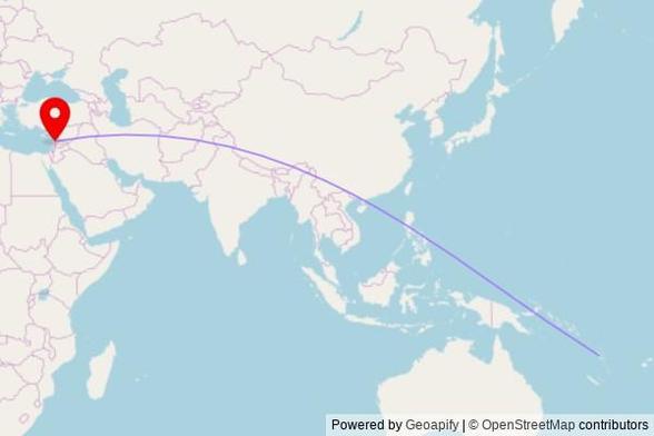 A map showing the great circle route from Sanma in Vanuatu to a map pin at مسجد الامين, الينار1/15, Yanar 1500, Lebanon