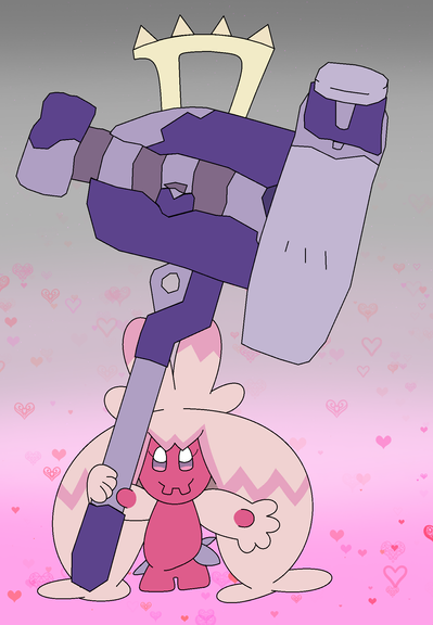 Fanart of Tinkaton from the Pokémon franchise holding her giant metal hammer, which is much taller than her.